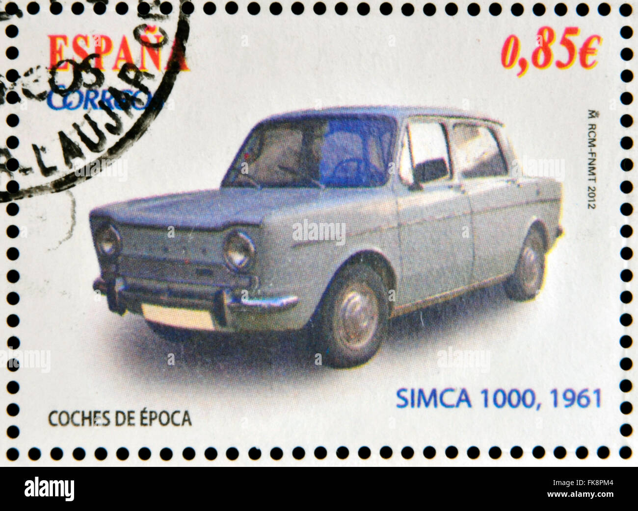 Espagne - circa 2012 : tampons imprimés en Espagne dédié à classic car, spectacles SIMCA 1000, 1961, vers 2012 Banque D'Images