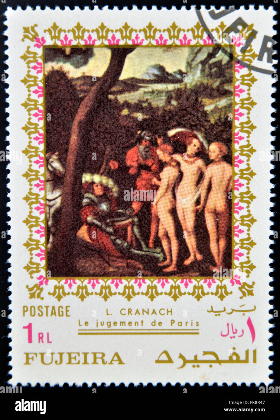 FUJEIRA - circa 1985 : timbres en Fujeira présente le jugement de Paris par Lucas Cranach, vers 1985 Banque D'Images