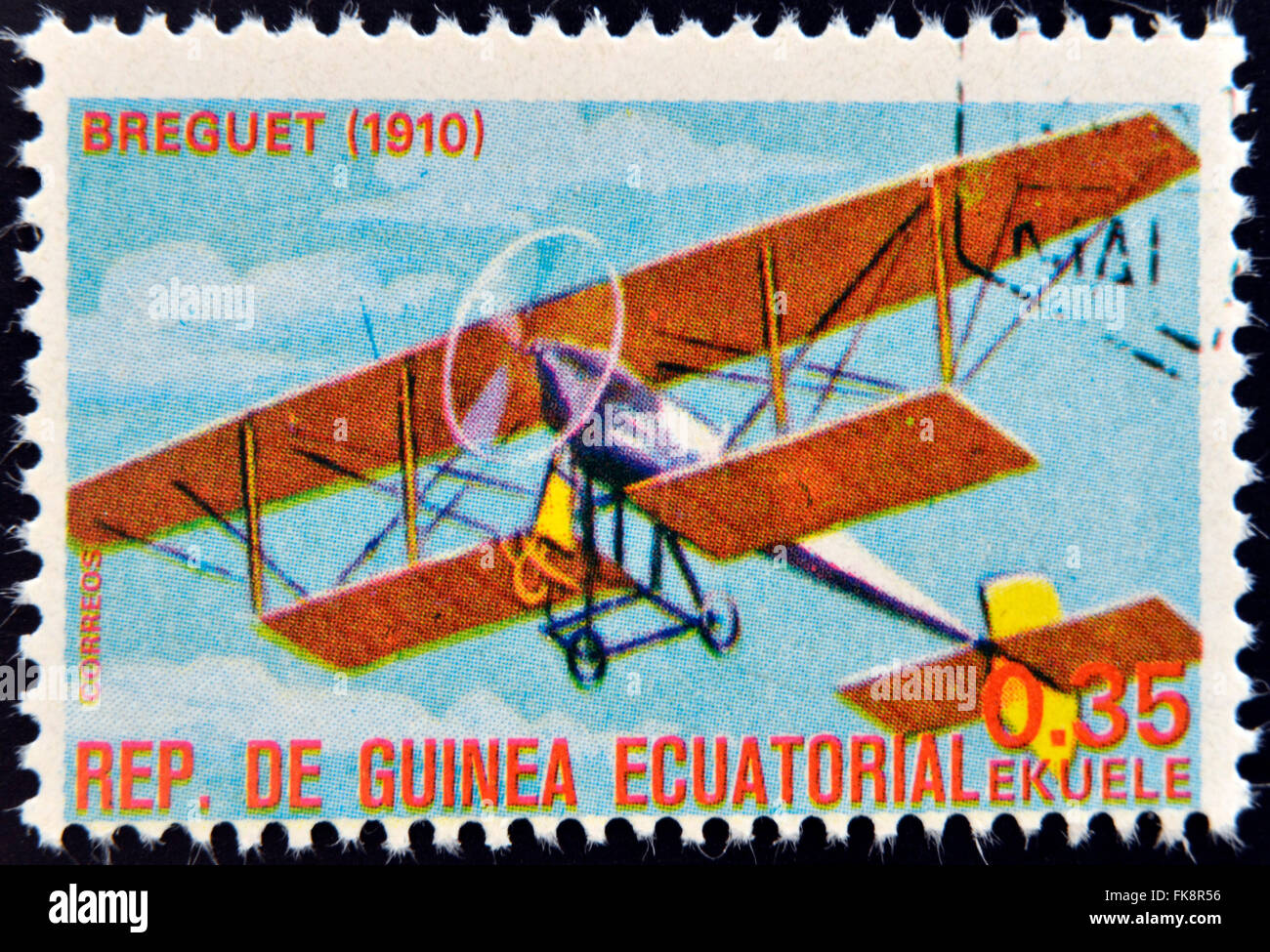 Guinée Équatoriale - circa 1974 : timbre imprimé en Guinée dédié à l'histoire de l'aviation montre Breguet Type II, 1910 Banque D'Images