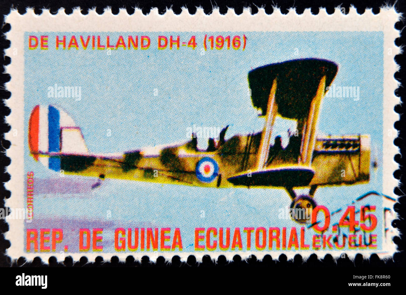 Guinée Équatoriale - circa 1974 : timbre imprimé en Guinée dédié à l'histoire de l'aviation présente Havilland DH-4, 1916 Banque D'Images