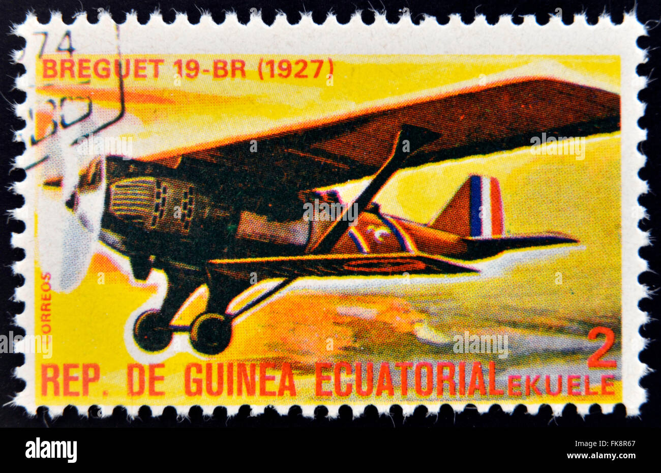 Guinée Équatoriale - circa 1974 : timbre imprimé en Guinée dédié à l'histoire de l'aviation montre Breguet 19-BR,1927, circa 1974 Banque D'Images