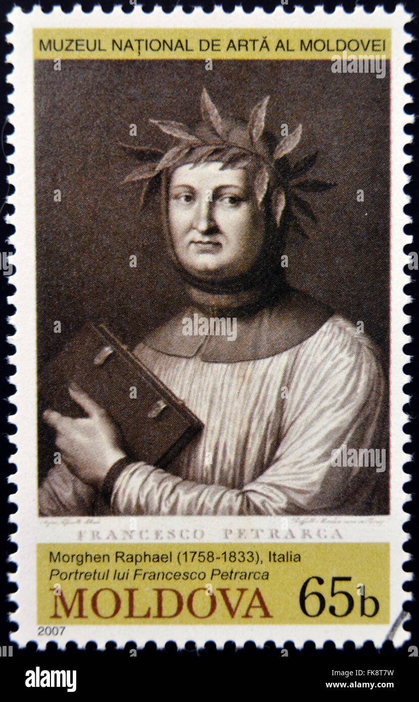 MOLDOVA - circa 2007 : timbres en Moldova dédié aux œuvres du Musée National d'Art, montre Francesco Petrarca Banque D'Images