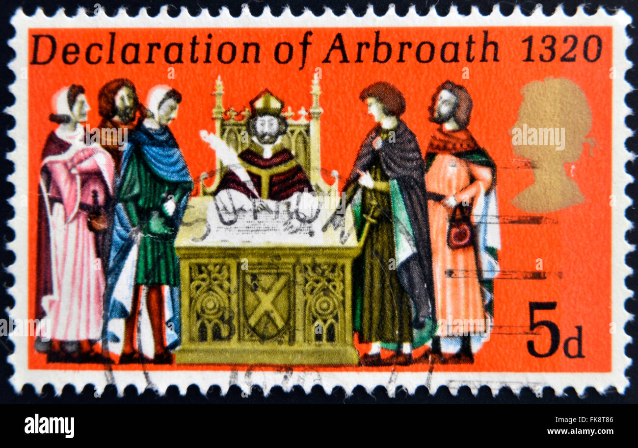 Royaume-uni - circa 1970 : timbre imprimé au Royaume-Uni montre la déclaration d'Arbroath, vers 1970. Banque D'Images