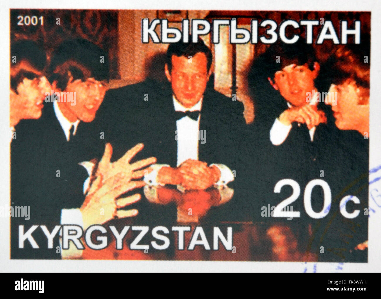 KIRZIGUISTAN - circa 2001 : timbres en Kirziguistan montre les Beatles et Brian Epstein, vers 2001 Banque D'Images