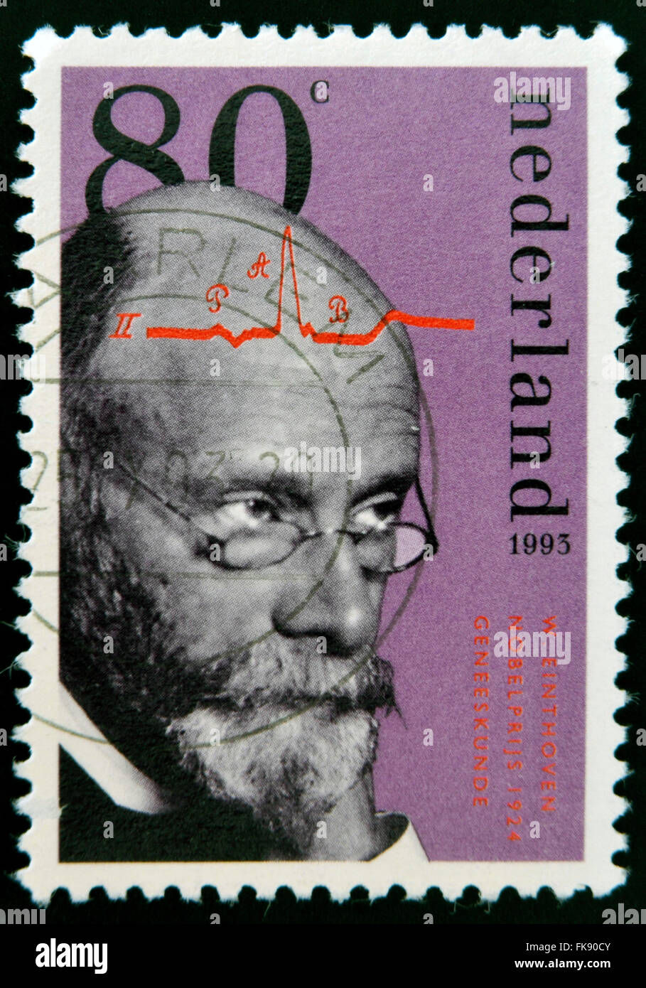 HOLLAND - circa 1993 : timbre imprimé aux Pays-Bas montre Willem Einthoven, lauréat du Prix Nobel 1924 de médecine, circa 1993 Banque D'Images
