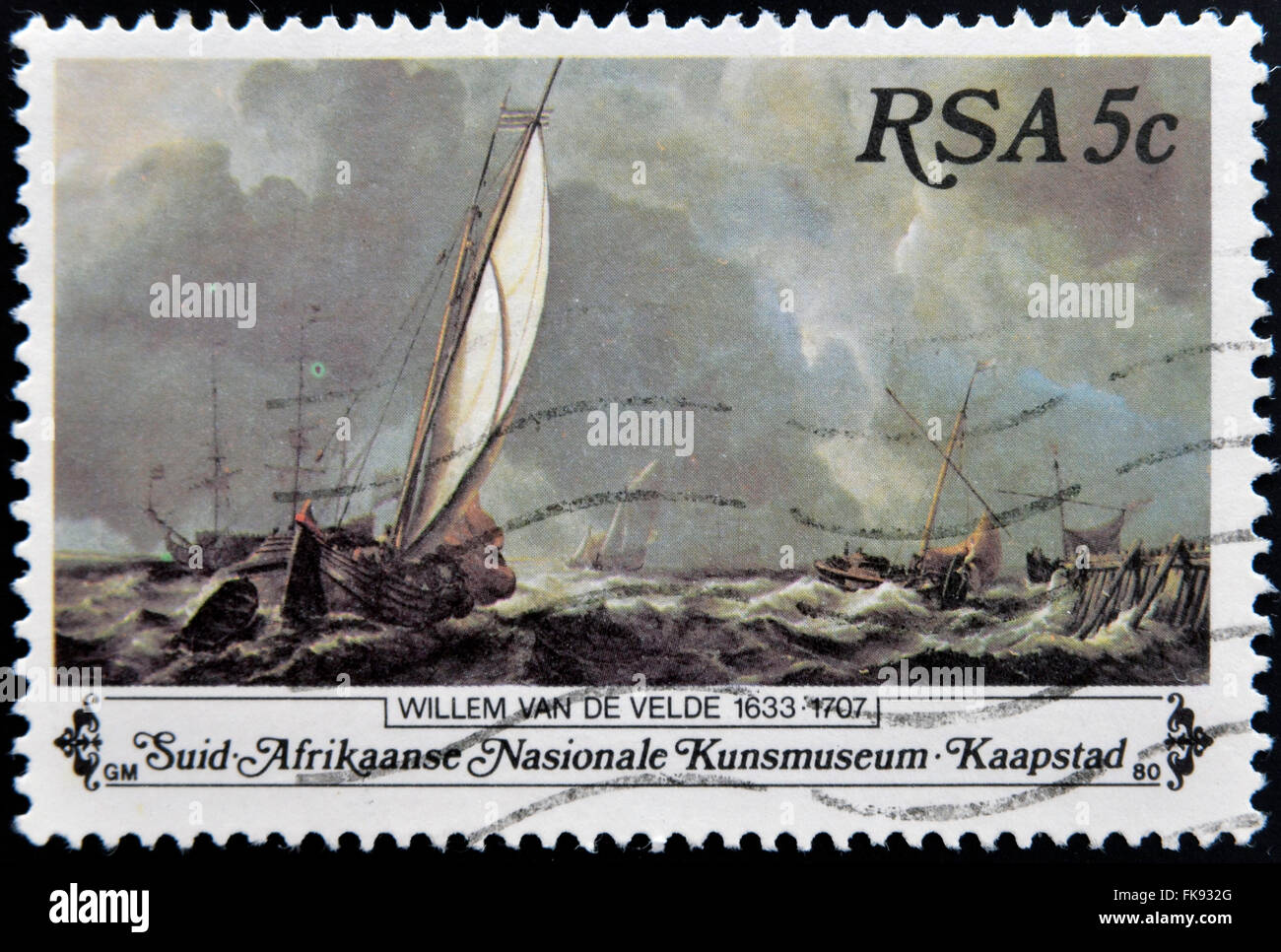 Afrique du Sud - VERS 1980 : un timbre imprimé en Afrique du Sud montre les voiliers sur la mer orageuse Peinture Banque D'Images