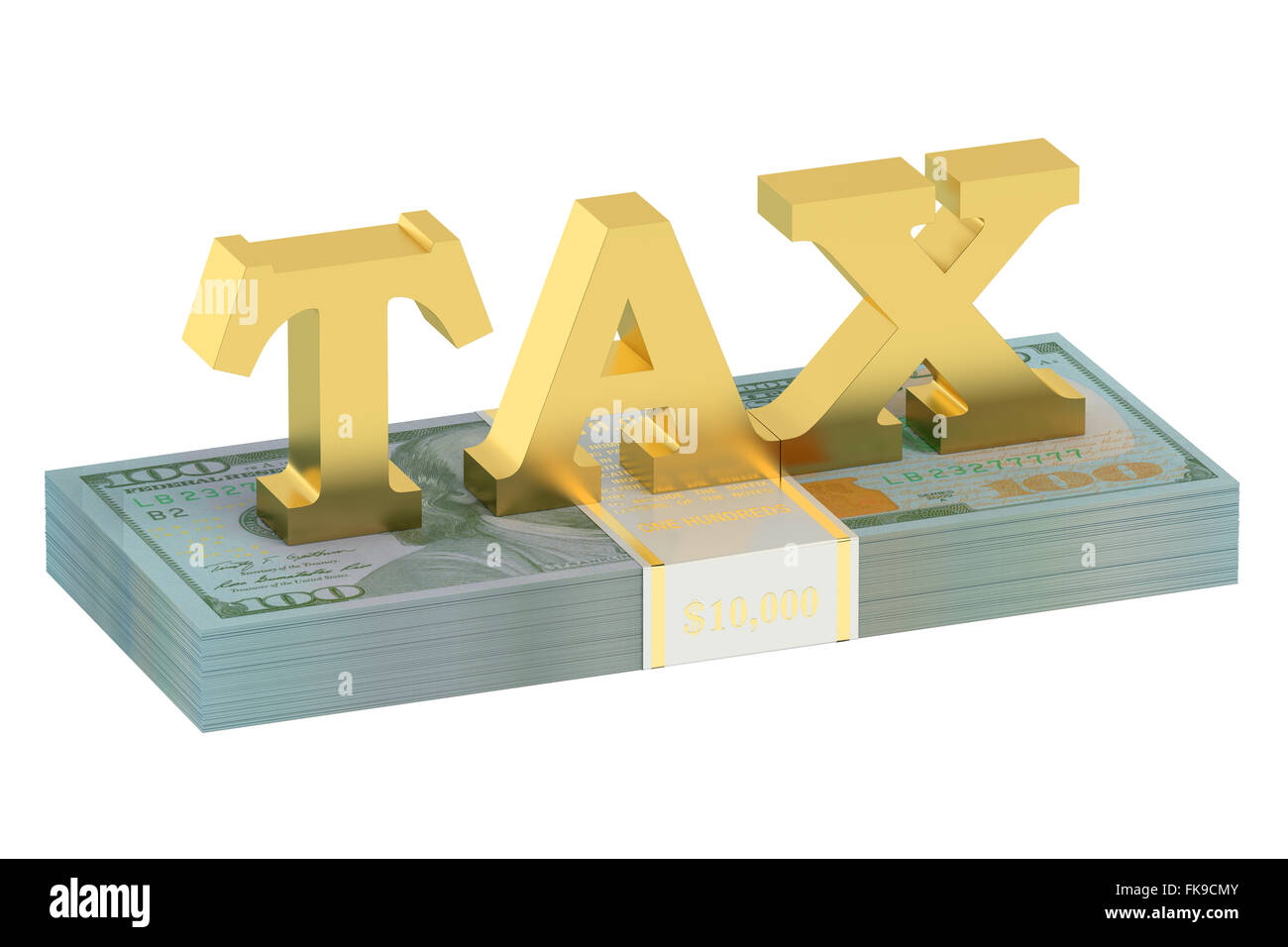 Concept d'impôt avec des dollars isolé sur fond blanc Banque D'Images