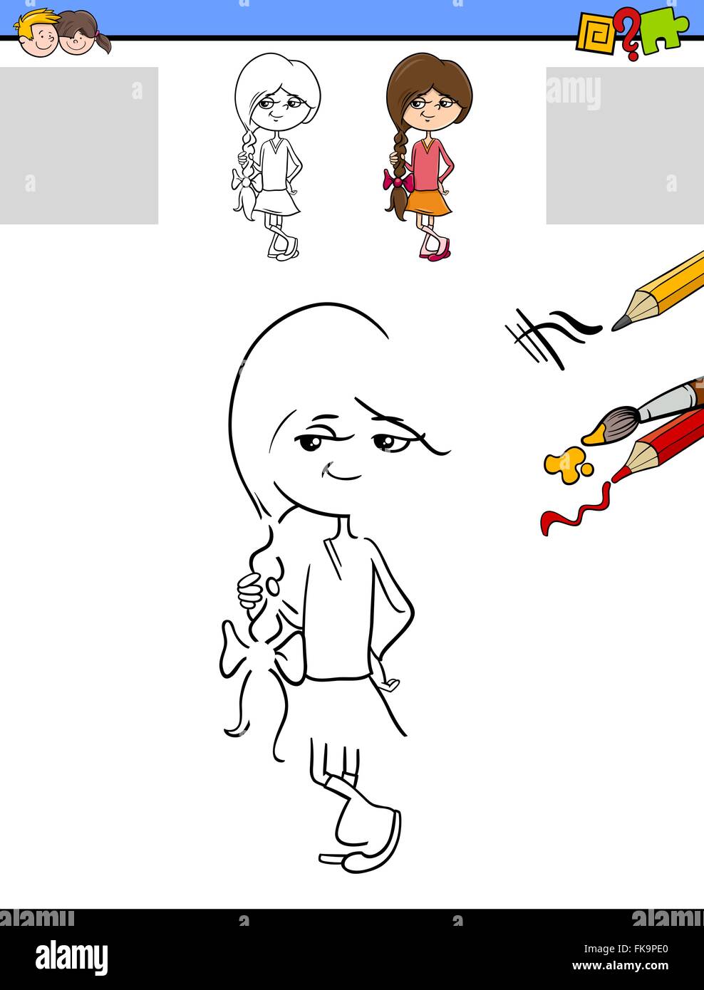 Cartoon Illustration de Dessin et coloriage tâche éducative pour les enfants d'âge préscolaire avec caractère cute girl Illustration de Vecteur