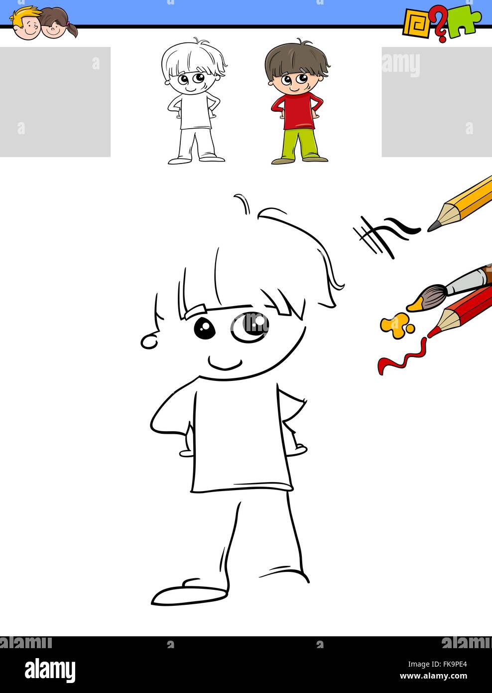 Cartoon Illustration de Dessin et coloriage activité éducative pour les enfants d'âge préscolaire avec caractère garçon mignon Illustration de Vecteur