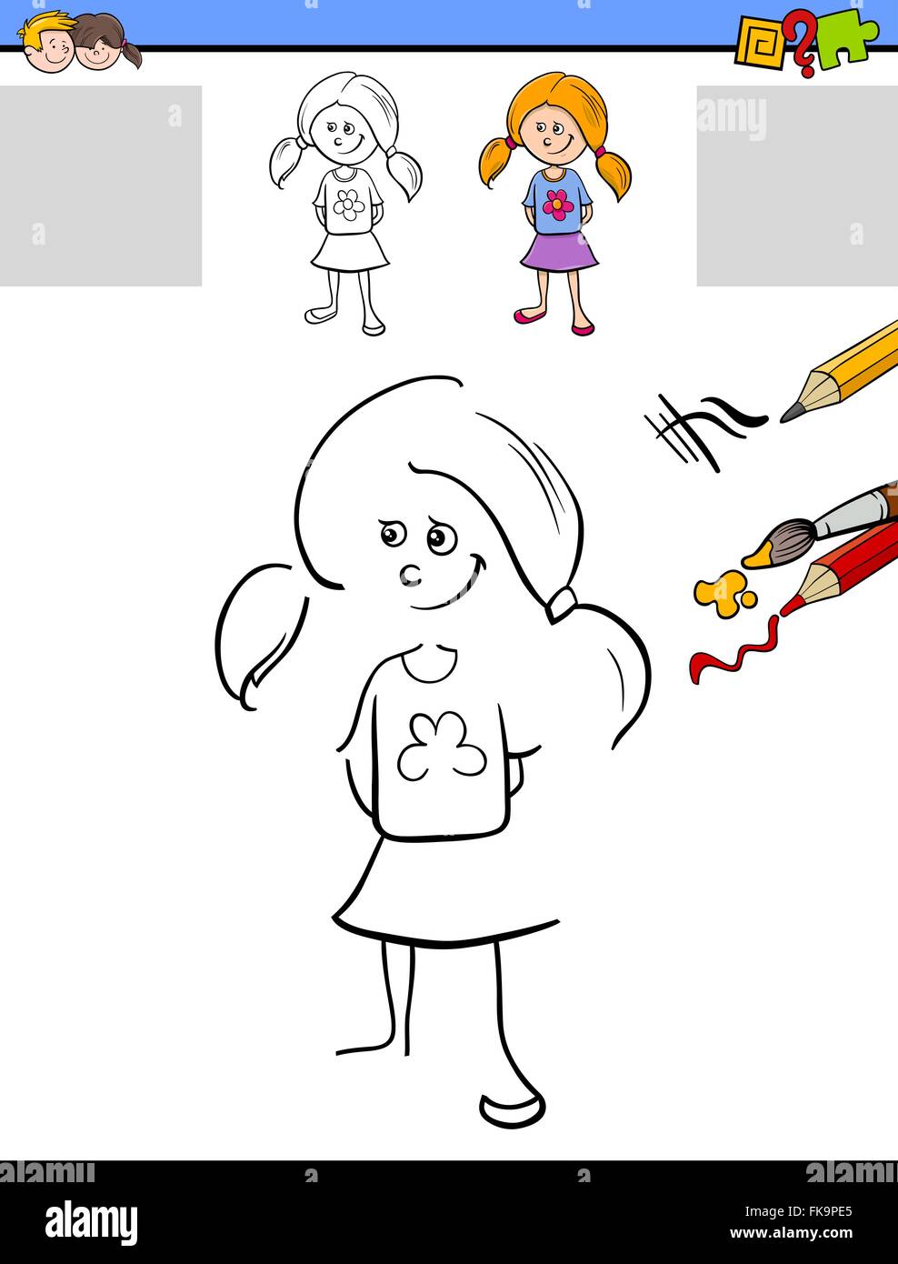 Cartoon Illustration de Dessin et coloriage activité éducative pour les enfants d'âge préscolaire avec caractère cute girl Illustration de Vecteur