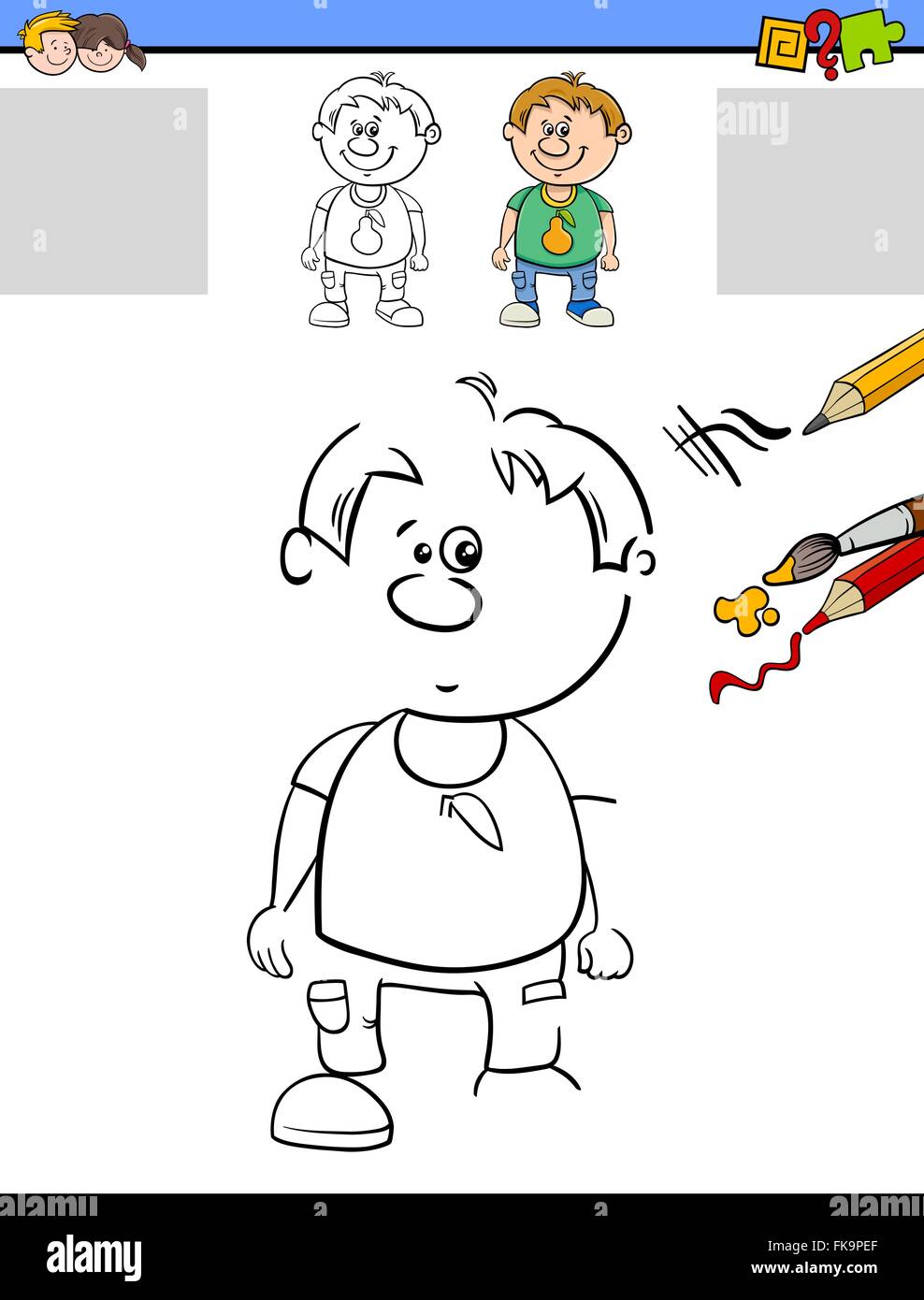 Cartoon Illustration de Dessin et coloriage tâche éducative pour les enfants d'âge préscolaire avec caractère Garçon Enfant Illustration de Vecteur