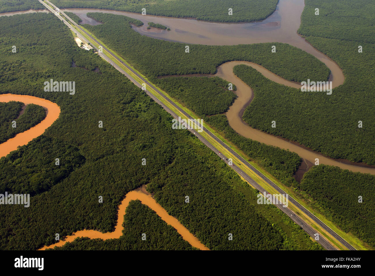 Vue aérienne de l'Autoroute des immigrés à travers la mangrove à Santos Banque D'Images