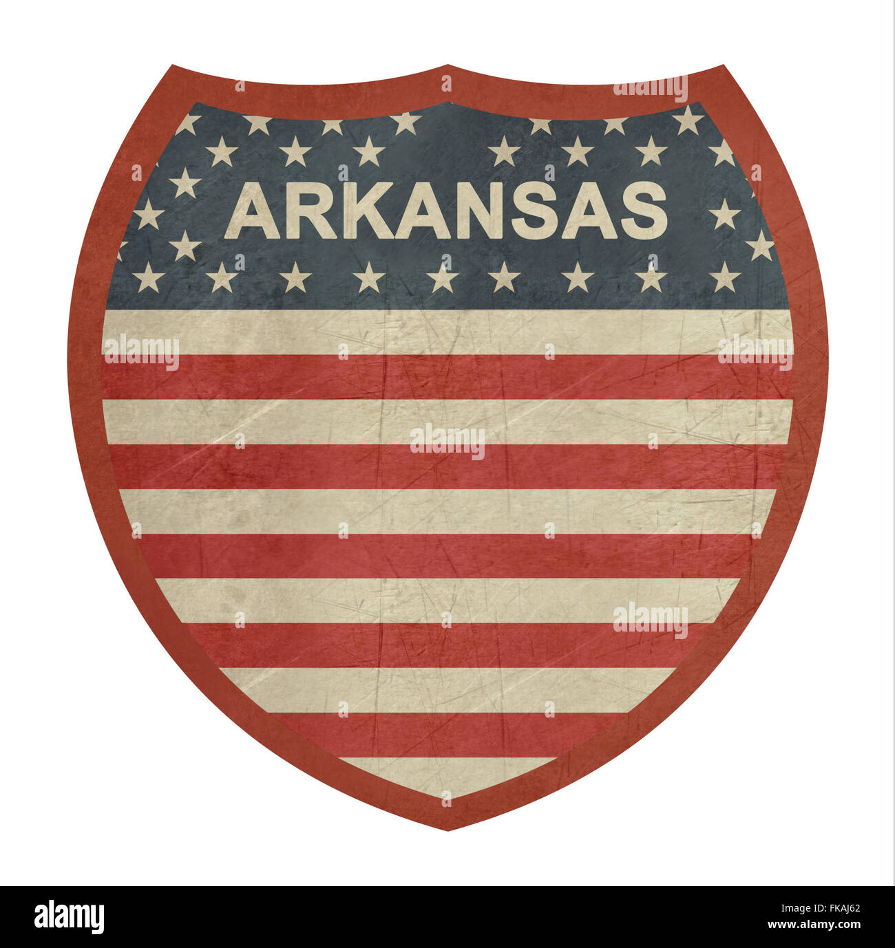 Grunge américain de l'Arkansas Interstate highway sign isolé sur un fond blanc. Banque D'Images