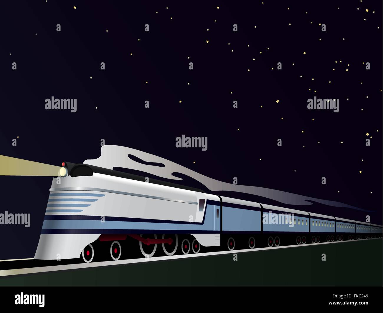 Vintage train à vapeur simplifié sous un ciel étoilé Illustration de Vecteur