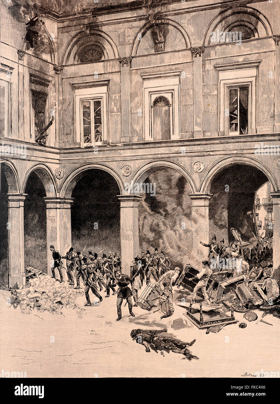 Risorgimento italien - 15 mai 1848, feu de Naples, le Palais Gravina Banque D'Images
