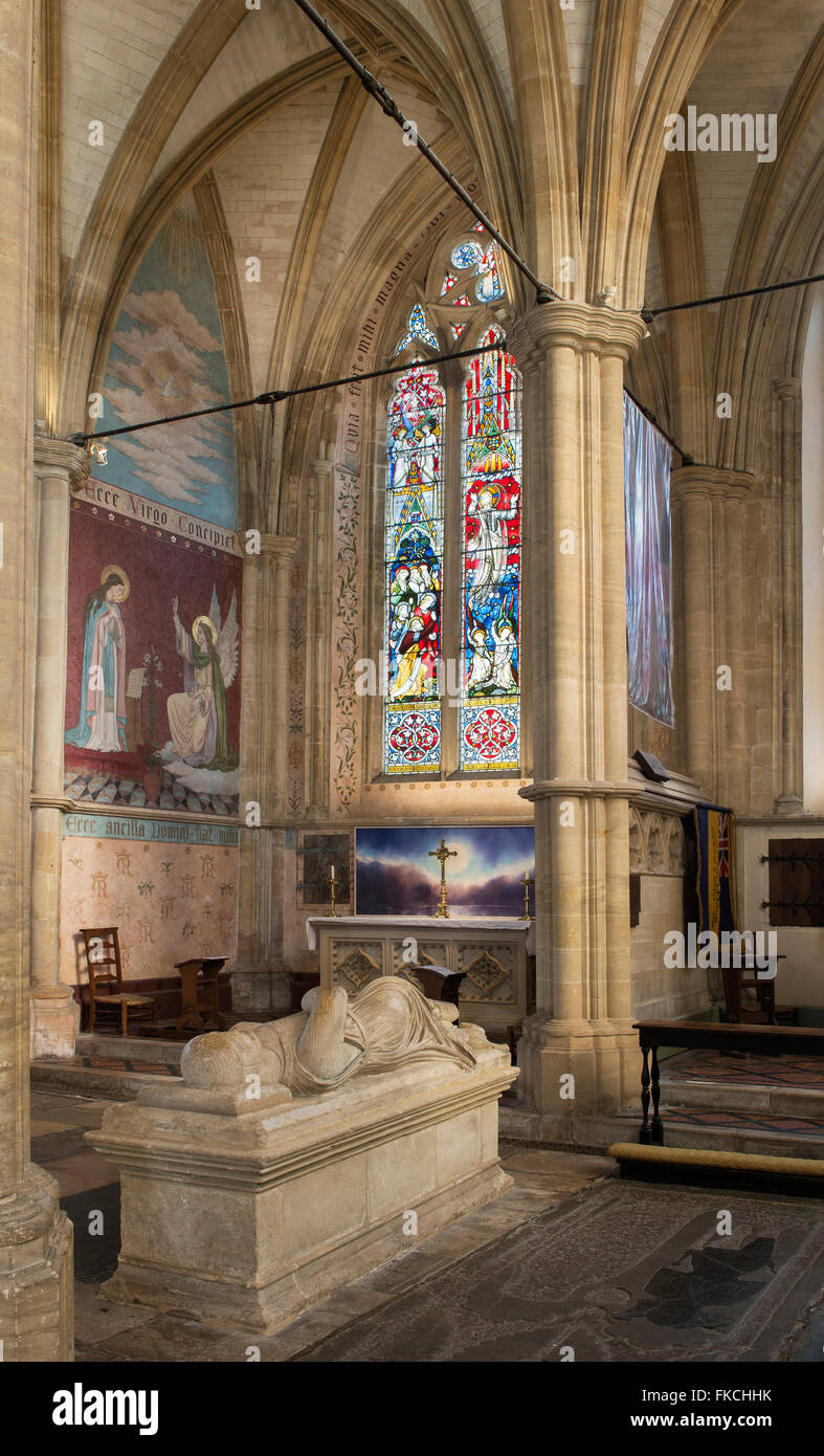 La dame Chapelle, abbaye de Dorchester vitrail et peinture murale. Dorchester on Thames, Oxfordshire, Angleterre Banque D'Images