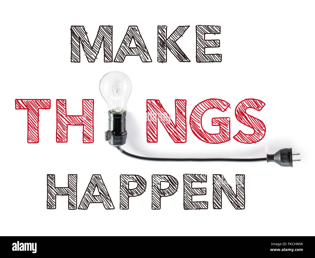Faire des choses se produire une phrase et ampoule, la main d'atteindre l'action, Banque D'Images Faire des choses se produire une phrase et ampoule, la main d'atteindre l'action, Banque D'Images