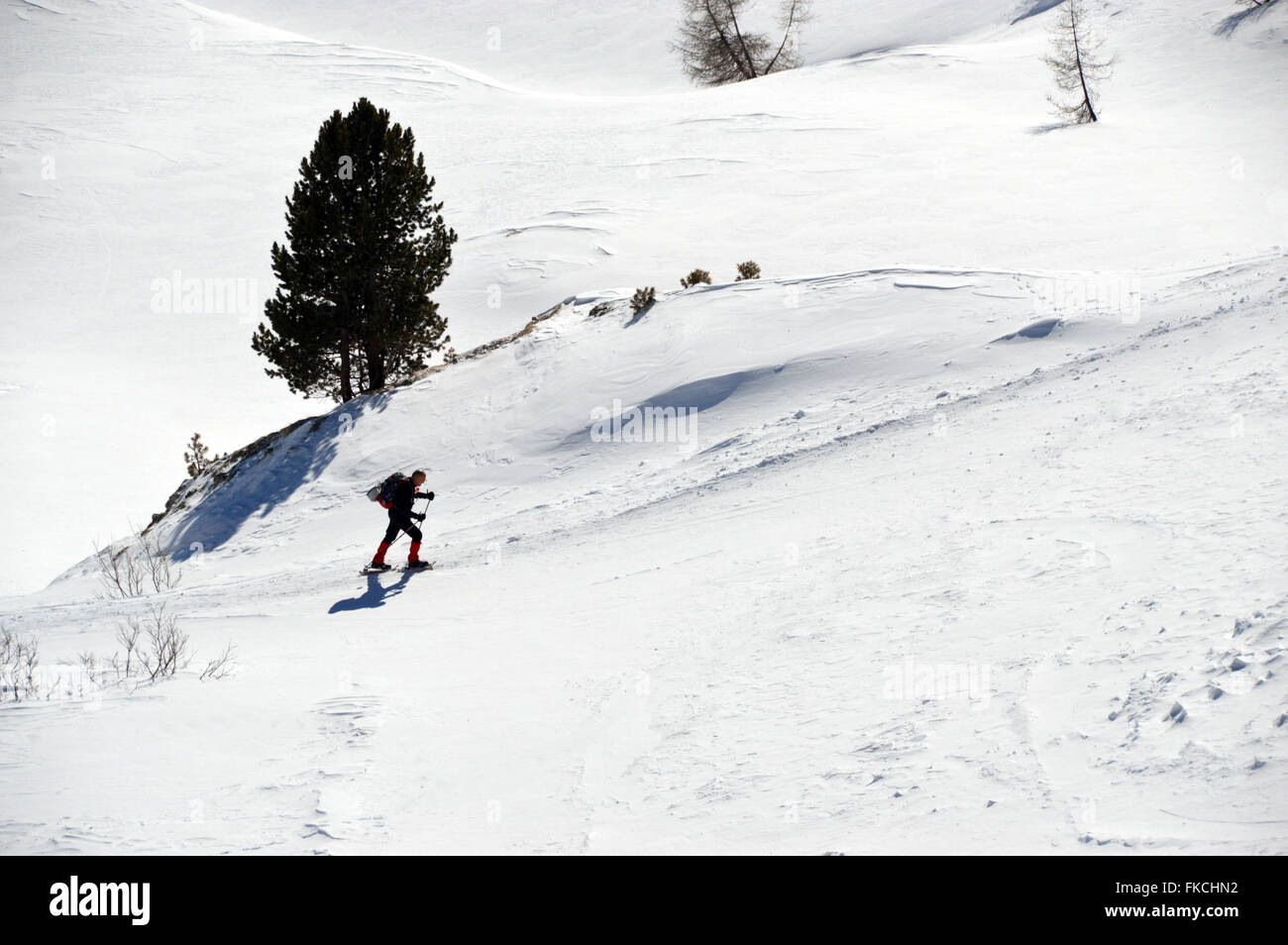 Un homme seul la raquette à neige dans les Dolomites italiennes en montée Banque D'Images
