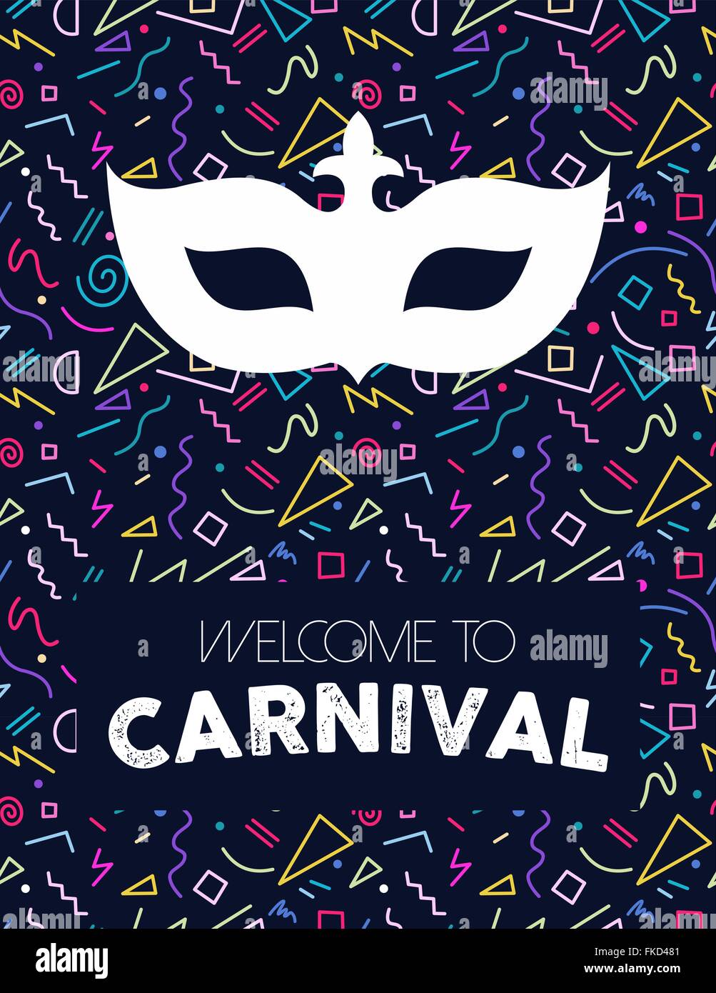 Ligne rétro coloré art fond avec Carnival mask silhouette et étiquette de texte. Vecteur EPS10. Illustration de Vecteur