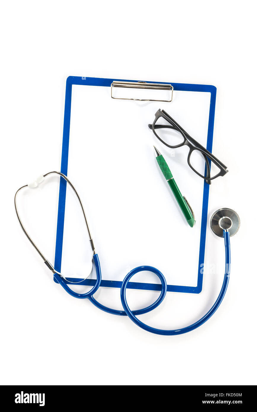 Assurance médicale et de la santé, concept lunettes presse-papiers et un stylo vide Banque D'Images