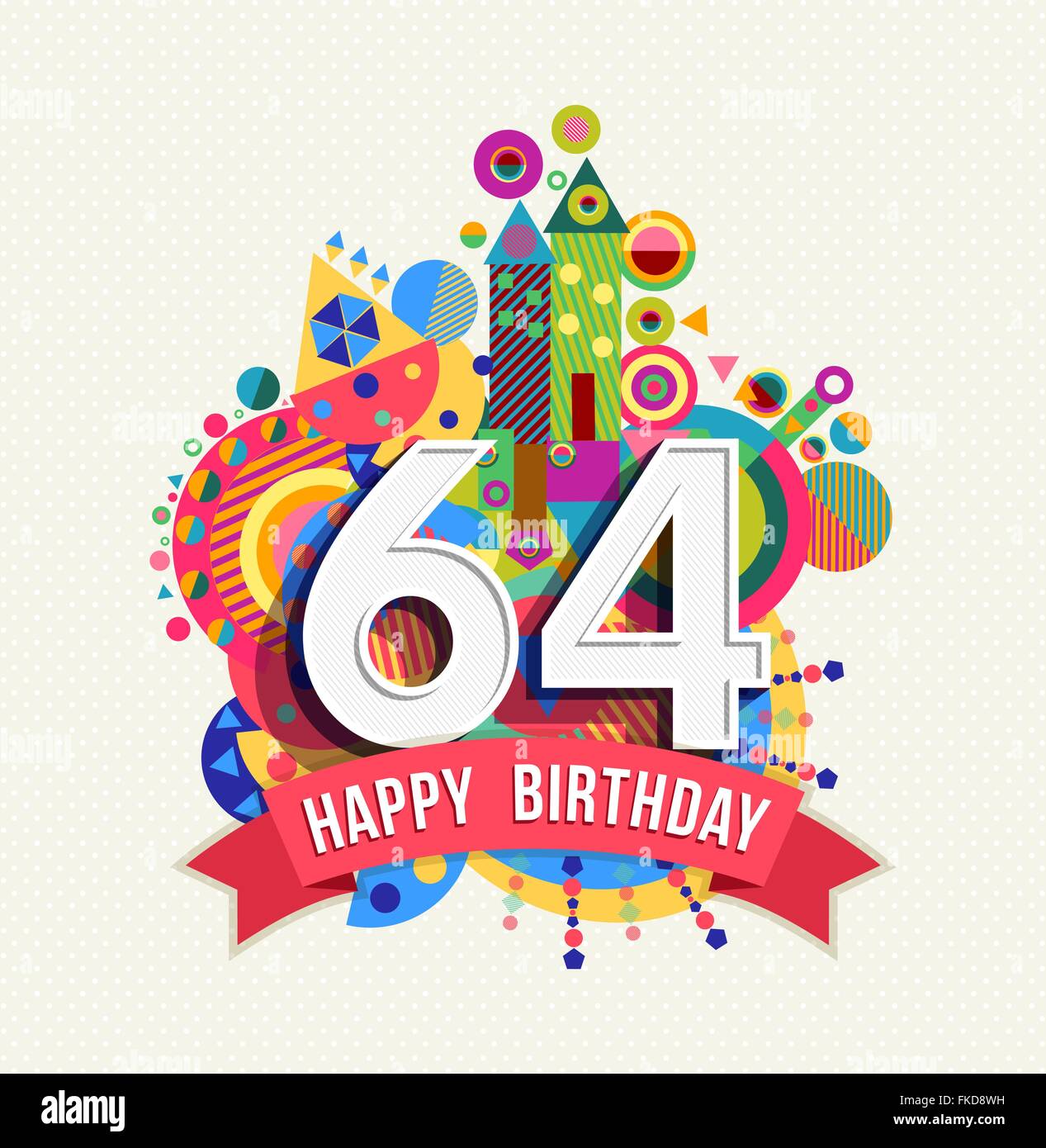 Joyeux anniversaire soixante quatre 64 ans, fun anniversaire carte postale avec des étiquettes de texte, nombre et géométrie colorée Illustration de Vecteur