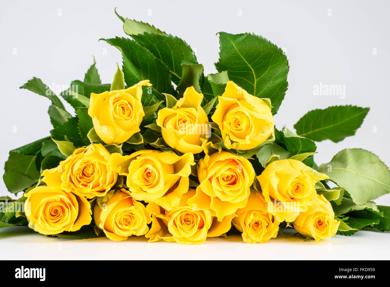 Bouquet de roses jaunes fraîches posé à plat sur une surface blanche Photo  Stock - Alamy