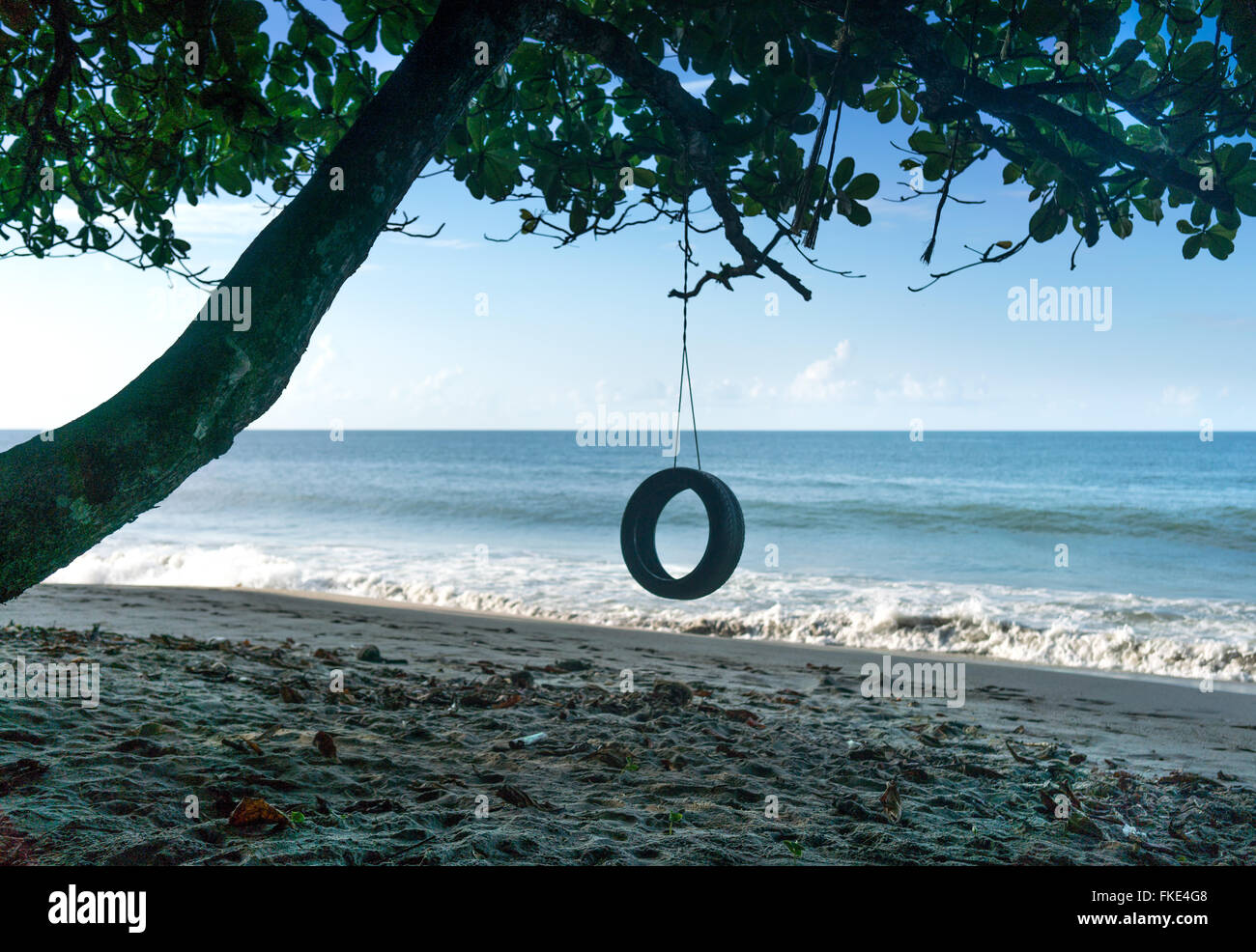 Balançoire pneu sur la plage, à la Trinité, Trinité-et-Tobago Banque D'Images