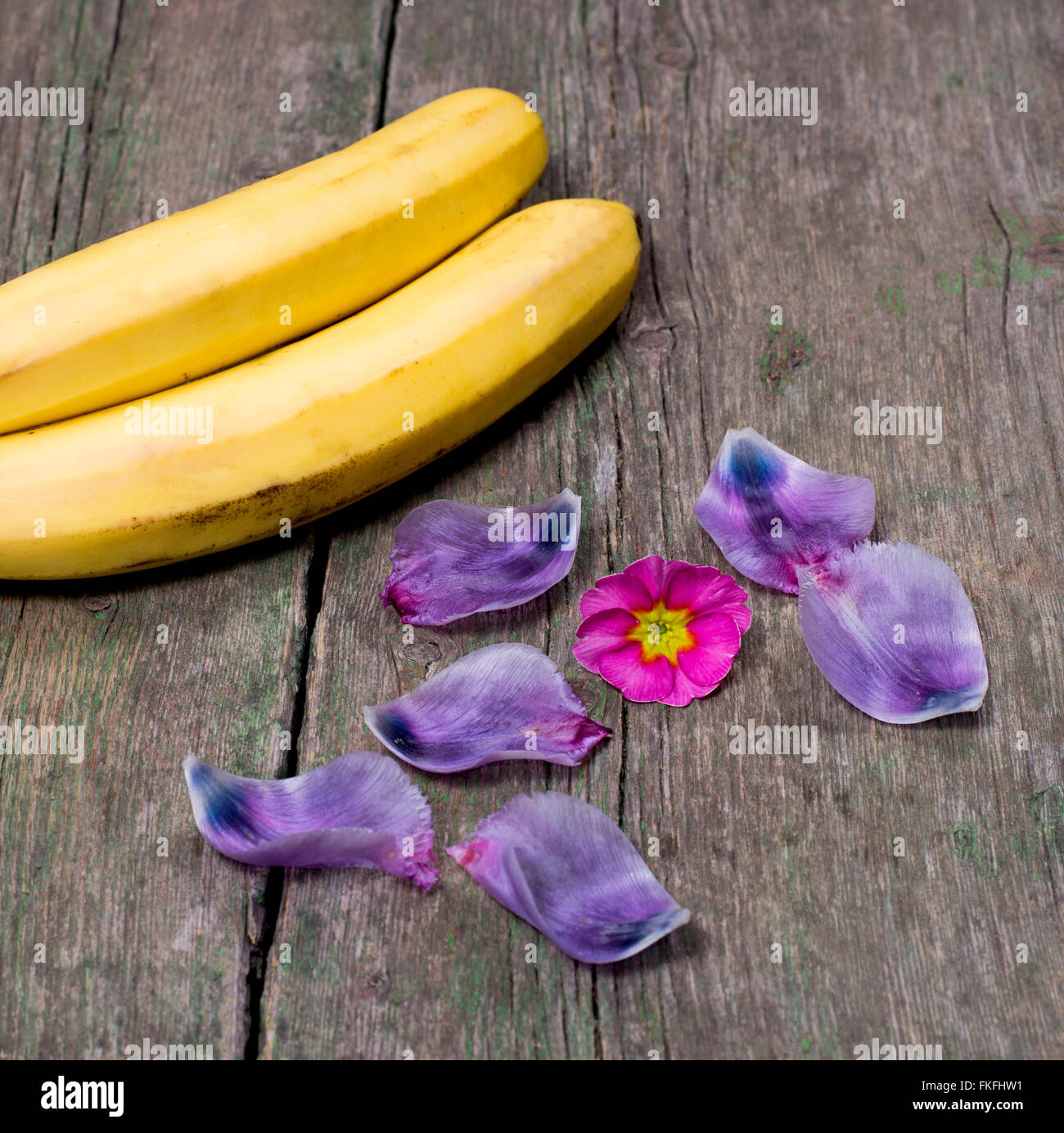 Deux bananes décoré avec des pétales violet Banque D'Images