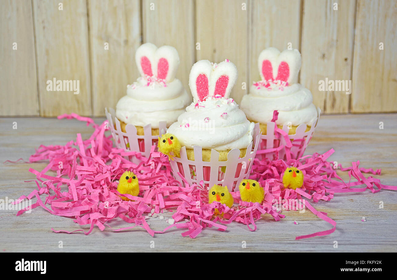 Les oreilles de lapin de Pâques en glaçage cupcake avec poussins jaune rose en herbe. Banque D'Images