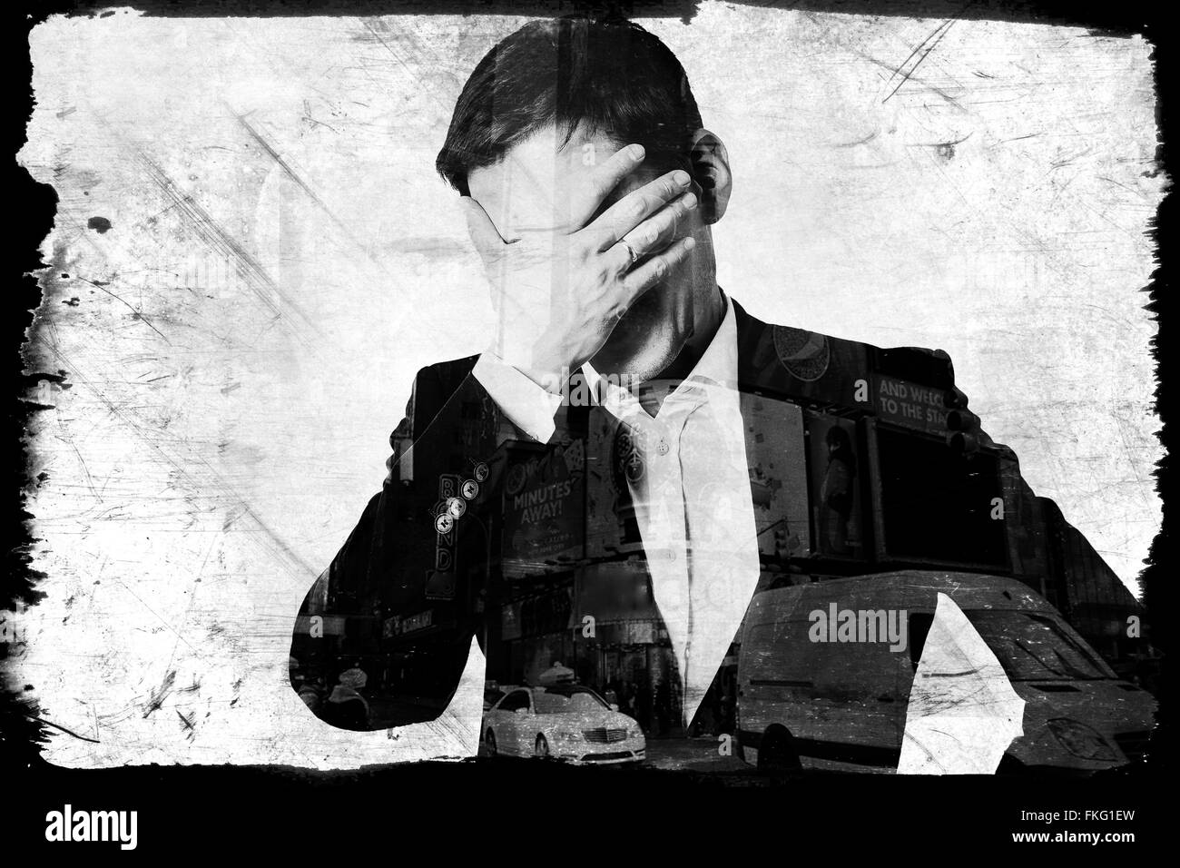 L'homme d'affaires fatigué de travailler. Double exposition Banque D'Images