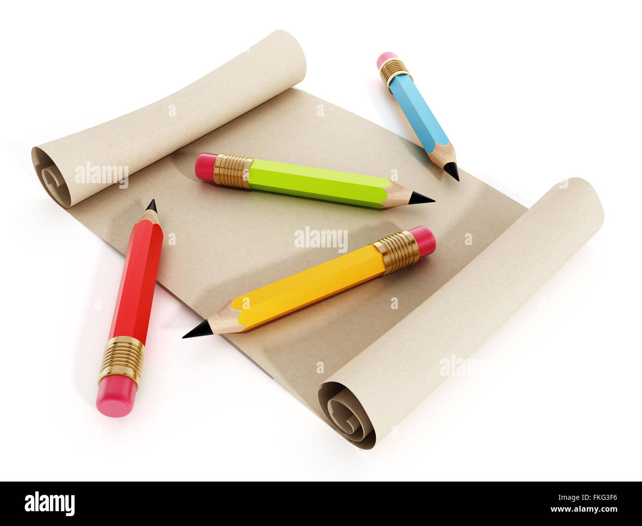 Crayons de couleur multi debout sur papier laminé isolé sur fond blanc Banque D'Images