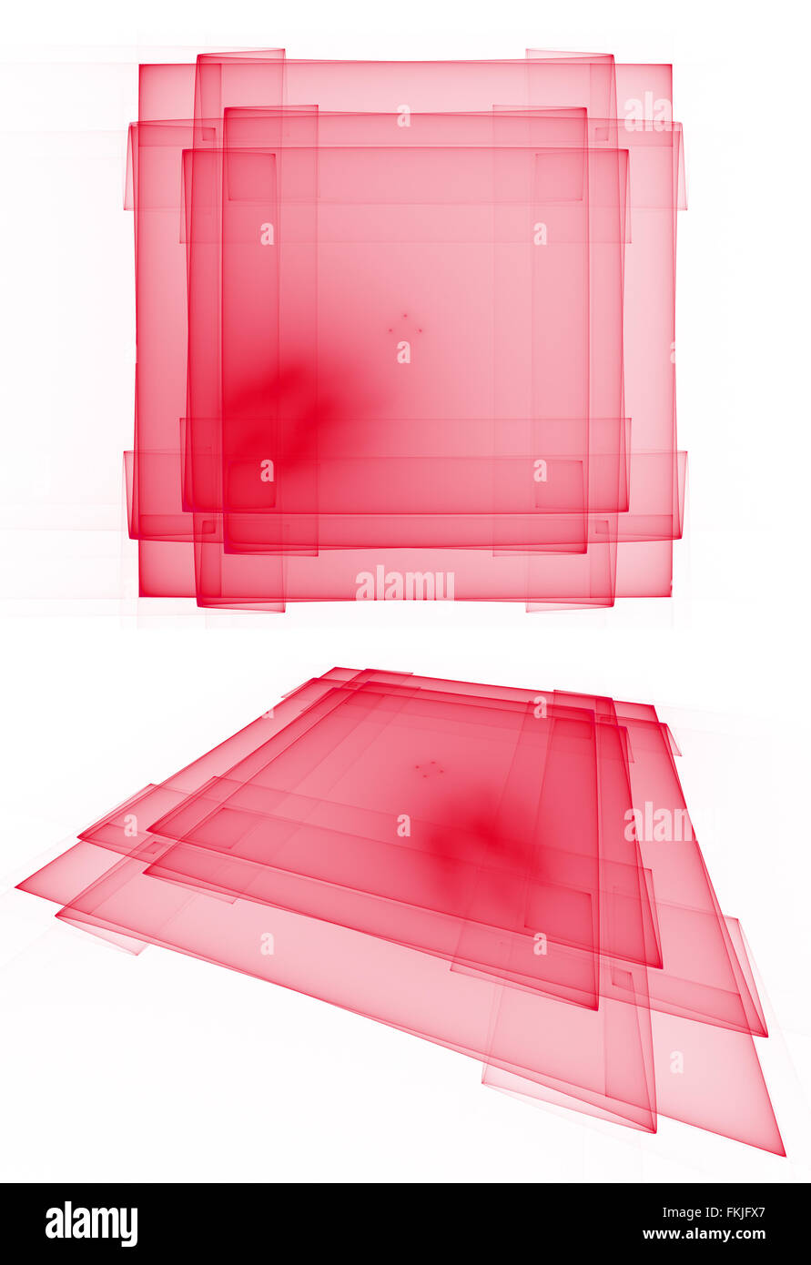 Résumé rouge carrés en couches translucides isolé sur fond blanc Banque D'Images