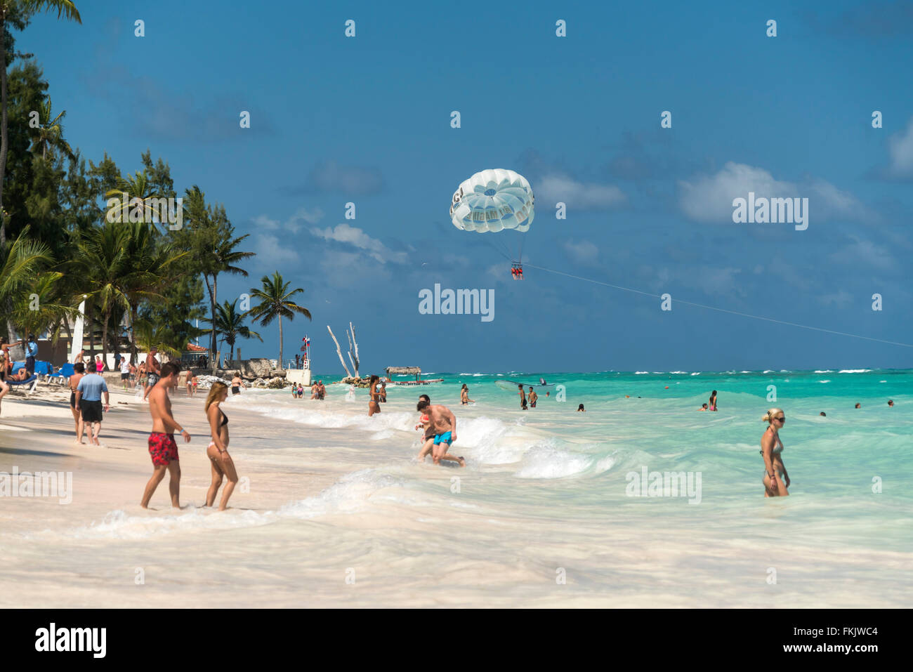 Le parapente à la plage de sable fin bordée de palmiers de Playa Bavaro, Punta Cana, République dominicaine, Caraïbes, Amérique Latine, Banque D'Images