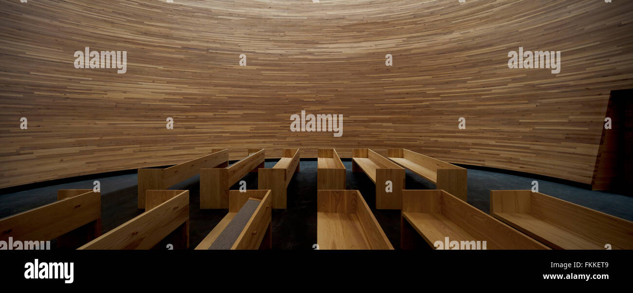 L'intérieur d'un bâtiment moderne dans Helsinki, Finlande appelée, la Chapelle de Kamppi Silence. Banque D'Images