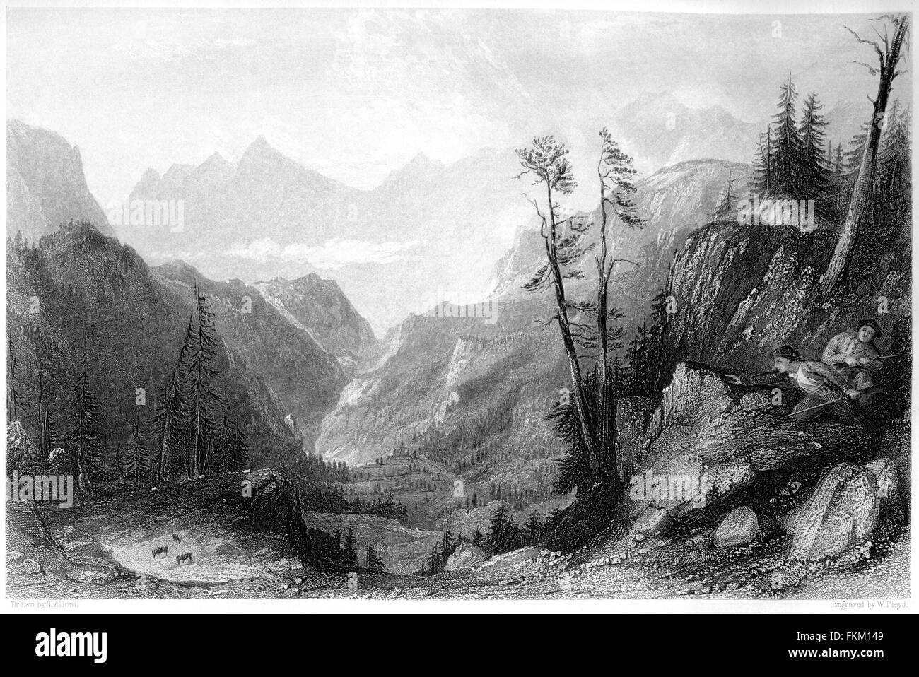 Gravure du Col de Tortes, chasse à l'Izoïde (Isard, Chamois pyrénéen) scannée à haute résolution d'un livre de 1876. Je pensais libre de droits d'auteur. Banque D'Images