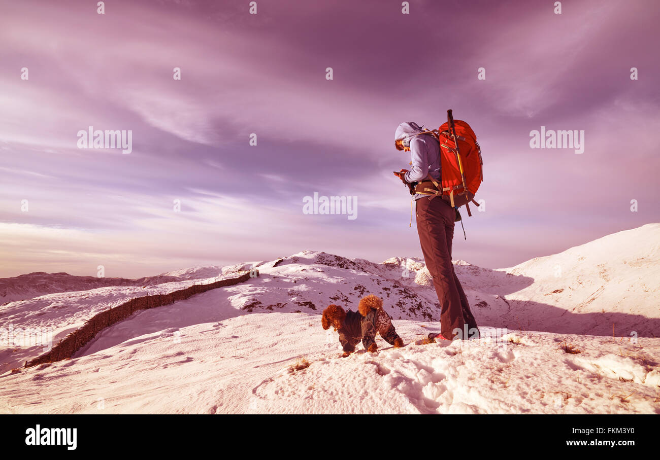 Un randonneur contrôler leur position dans les montagnes sur un GPS et de la carte. Ajouté du grain de film couleur et style. Banque D'Images