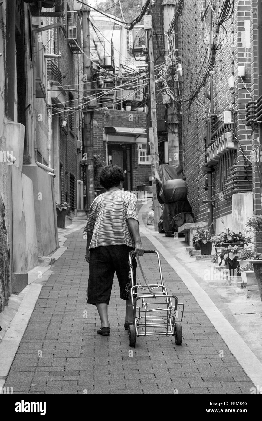 Retour de personne qui marche avec un chariot dans le village de Bukchon Hanok, Séoul, Corée du Sud Banque D'Images
