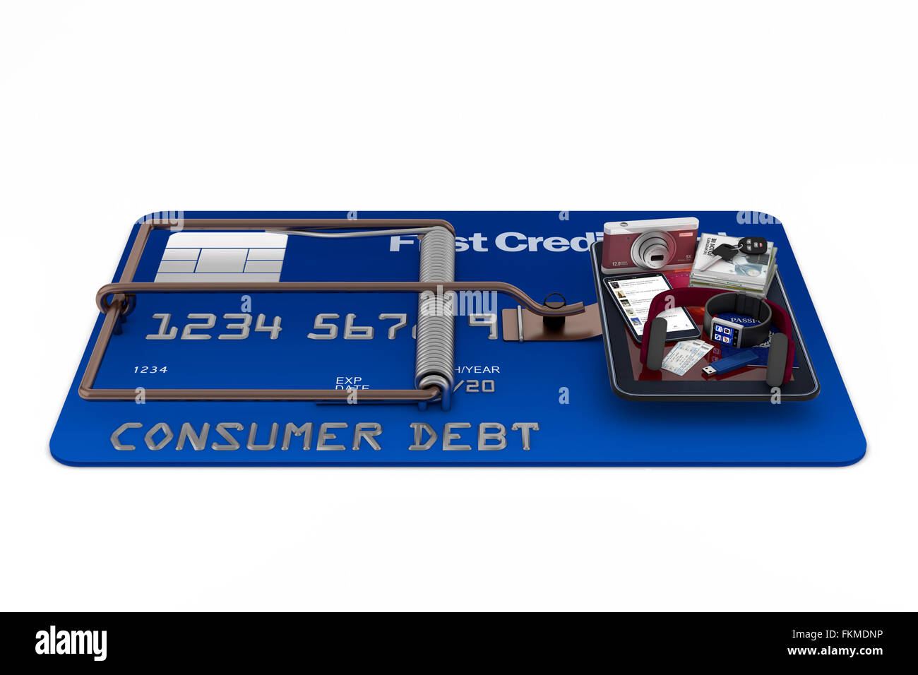 Mousetrap monté sur carte de crédit avec des éléments de consommation comme appât. Banque D'Images