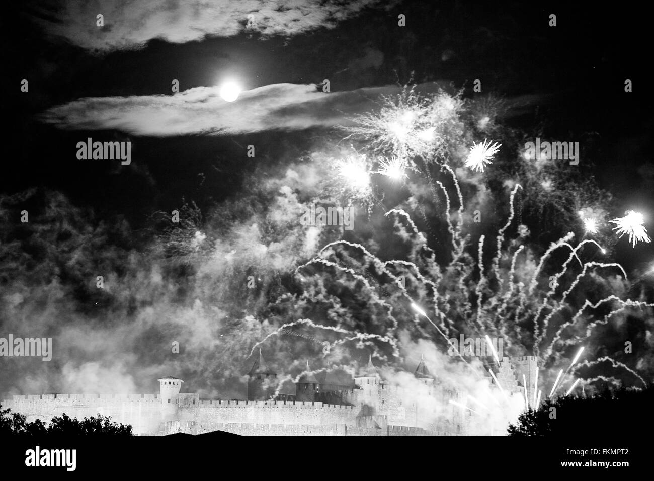 Carcassonne,fireworks citer,Château,Canal du Midi,canal,Aude,France,France,Europe, Bastille,jour,juillet,14ème, Banque D'Images