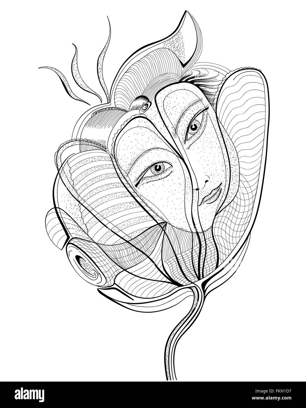 Surreal dessin à la main fleur avec visage de femme. Résumé La conception graphique. Illustration de Vecteur