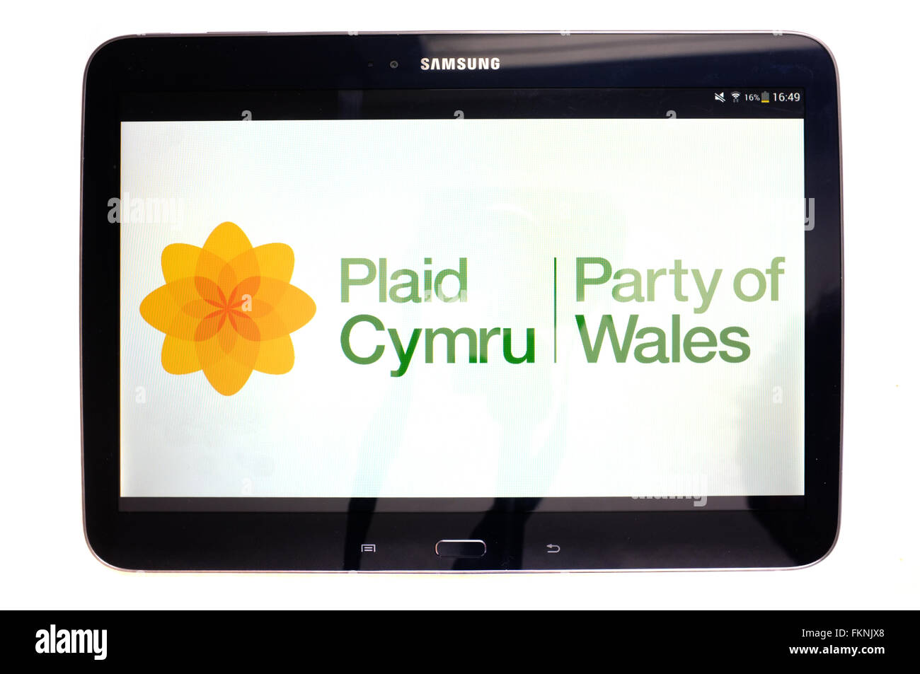 Le Plaid Cymru logo affiché sur l'écran d'une tablette photographié sur un fond blanc. Banque D'Images