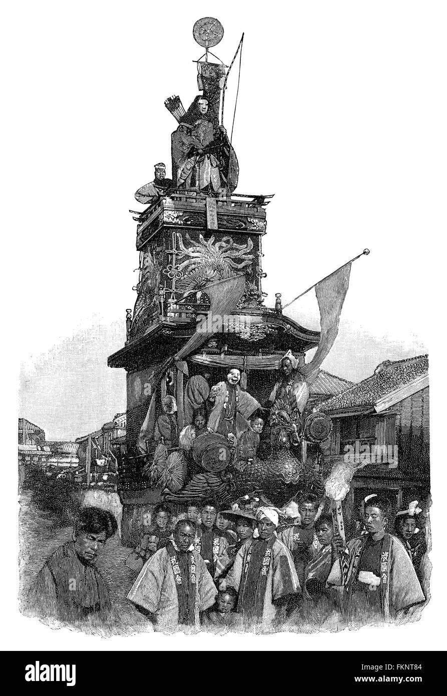 1891 gravure noir et blanc de Japonais mikoshi (Temple Shinto portatif ou). Banque D'Images
