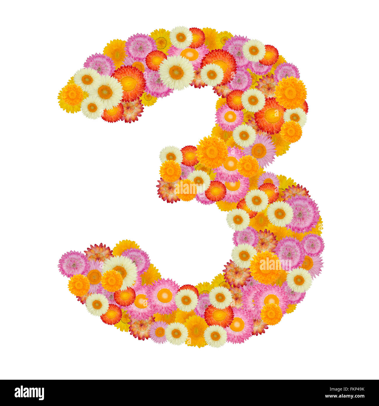 Le nombre de fleurs trois. L'élément de l'alphabet coloré de fleurs faites de paille Banque D'Images