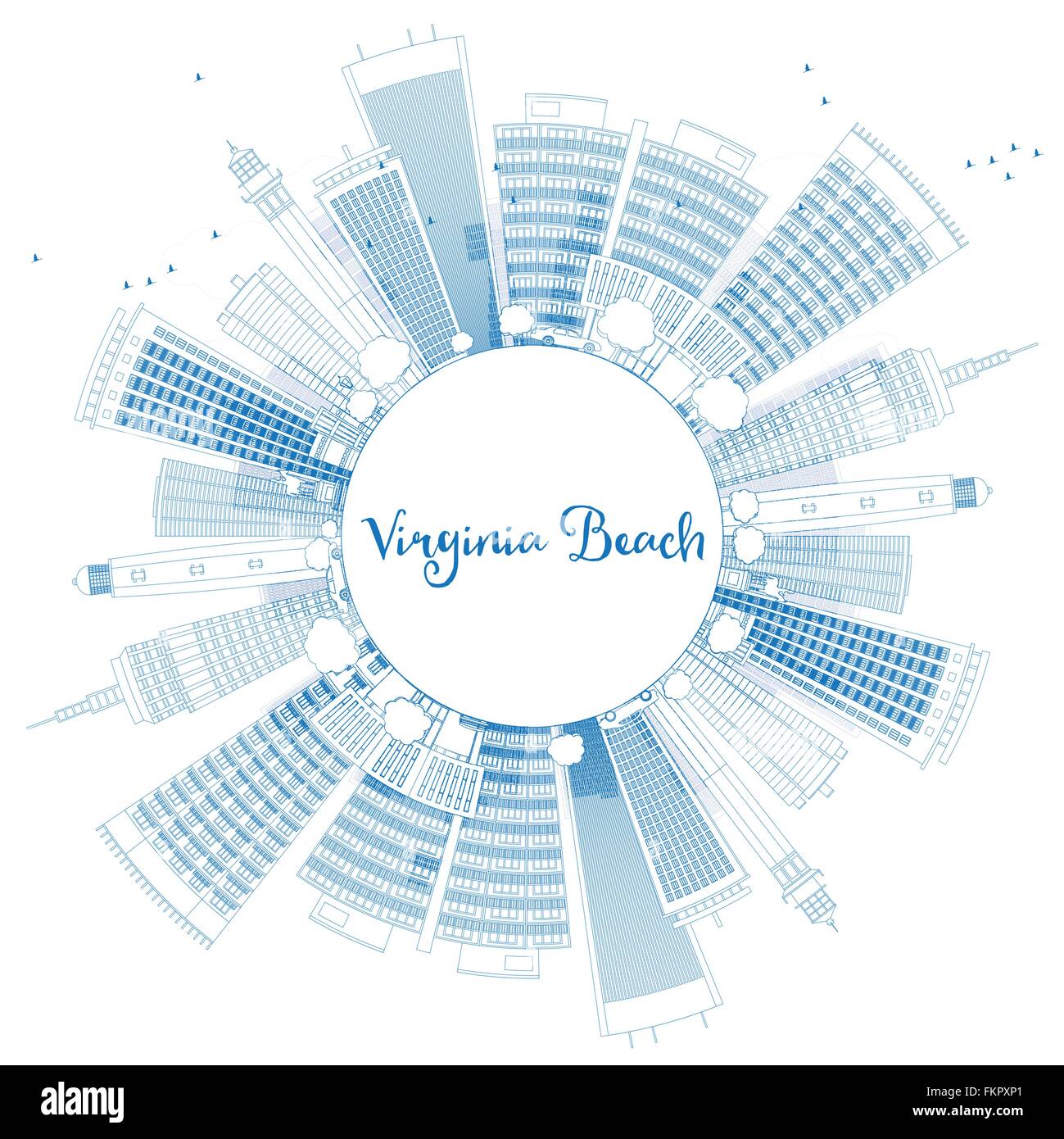 Contours Virginia Beach (Virginie) bleu horizon avec les bâtiments. Vector Illustration. Les voyages d'affaires et tourisme Concept. Illustration de Vecteur