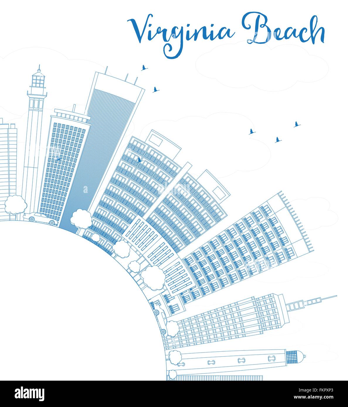 Contours Virginia Beach (Virginie) bleu horizon avec les bâtiments. Vector Illustration. Les voyages d'affaires et tourisme Concept. Illustration de Vecteur