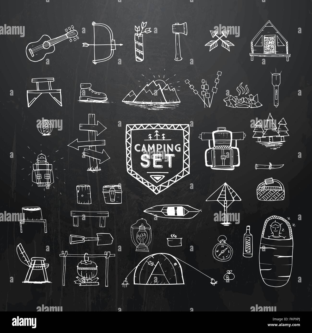 Camping à la main, la randonnée ou l'alpinisme icons set sur fond noir avec texture bois transparent. Illustration de Vecteur