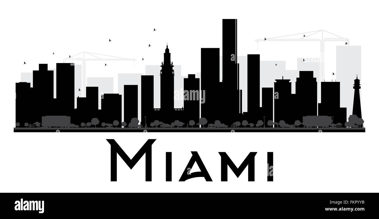 Miami City skyline silhouette noir et blanc. Vector illustration. Concept simple pour le tourisme, la bannière de présentation Illustration de Vecteur