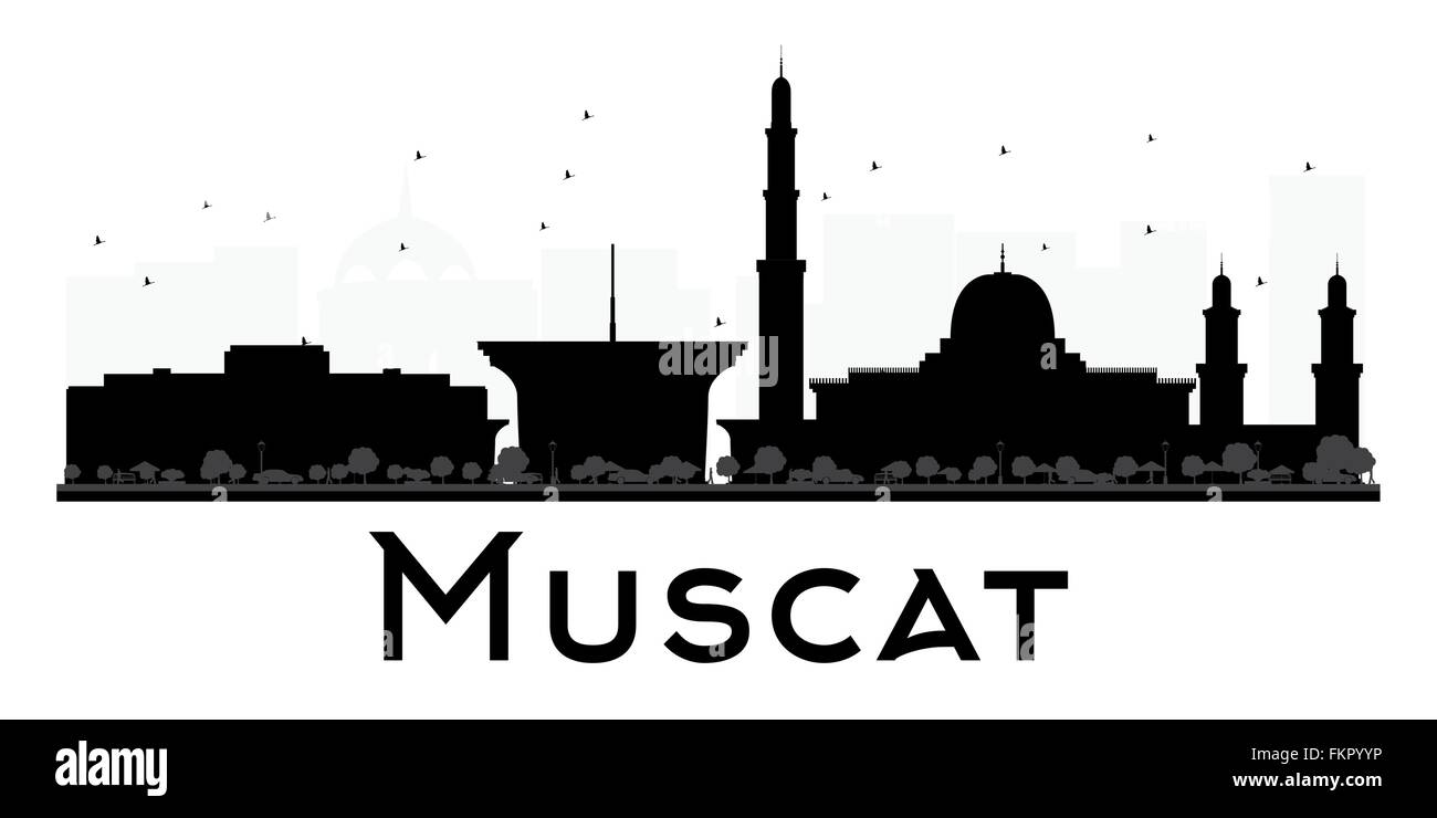 Muscat City skyline silhouette noir et blanc. Vector illustration. Concept simple pour le tourisme, la bannière de présentation Illustration de Vecteur