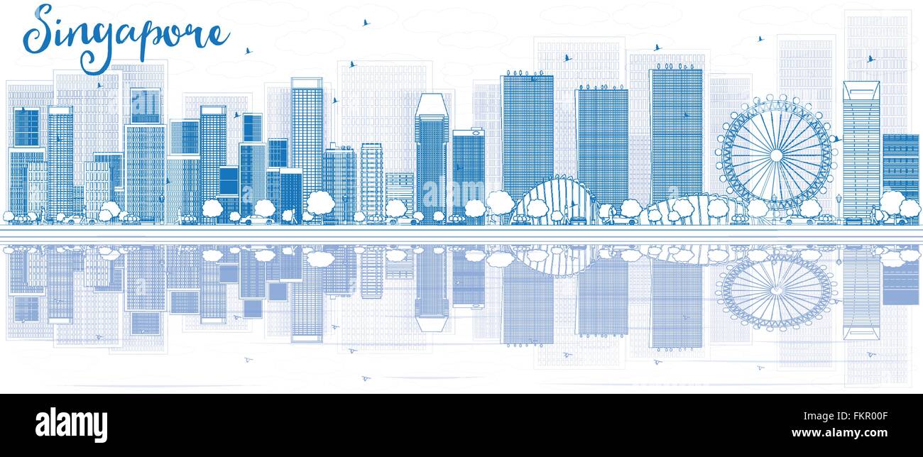 Contours Singapour avec bâtiments bleu et de réflexions. Vector illustration. Les voyages d'affaires et tourisme concept Illustration de Vecteur