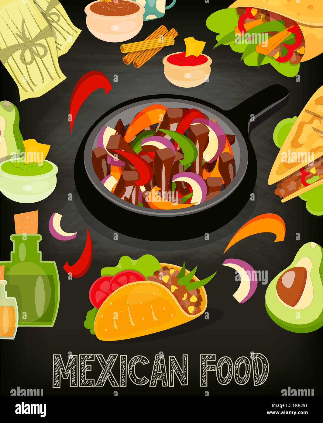 La cuisine mexicaine traditionnelle avec carte Menu repas épicé sur tableau arrière-plan. Fajitas. Banque D'Images